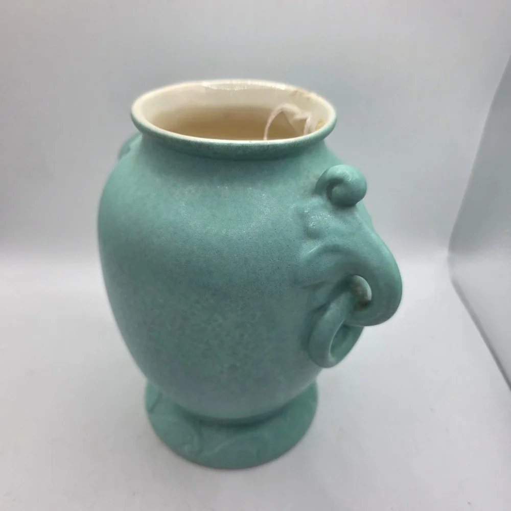 Vintage RumRill 340 Turquoise Art Pottery Vase Elephant Handles Art Deco USA